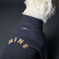 Load image into Gallery viewer, Basic blue heather fleece turtleneck sweater with ribbed details and MINE in sand color embroidery on the back