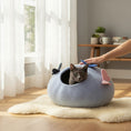 Cargar la imagen en la vista de la galería, Nala's Pet Furniture Boutique light blue wool felt cat cave bed with decorative butterfly accents and a grey cat inside