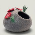 Load image into Gallery viewer, Nala's Pet Furniture Boutique handcrafted grey felted wool cat cave with whimsical mushroom and grass accents.