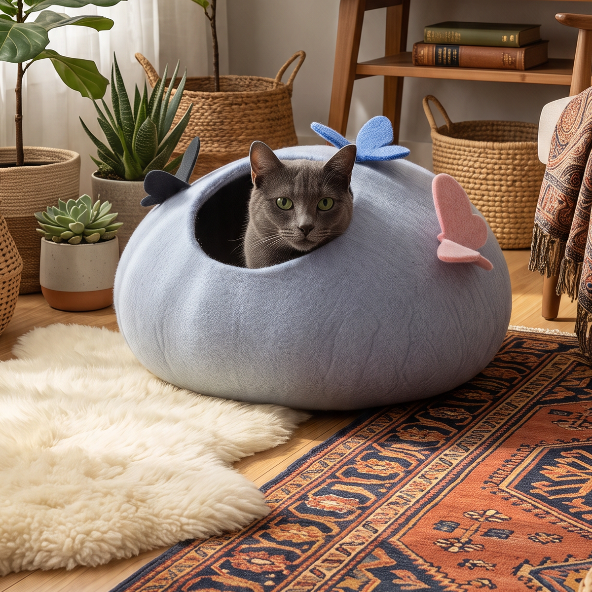 Cama cueva artesanal de fieltro de lana para gatos con diseño de mariposa - No tóxica: 40 cm