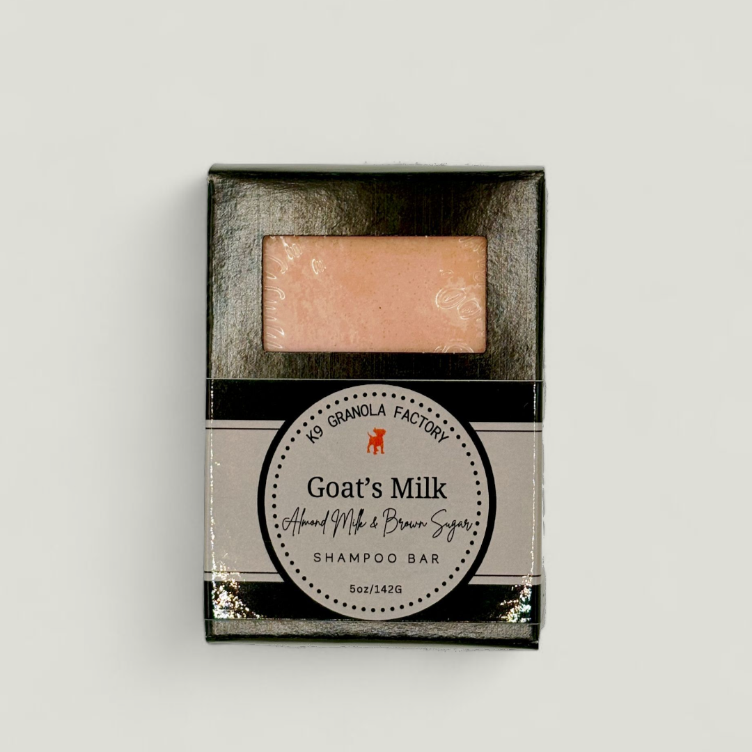 Goat’s milk dog shampoo bar with argan & coconut oils—hydrates, calms itch, and keeps coats healthy, glossy, and fresh.