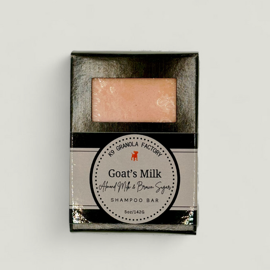 Almond Milk & Brown Sugar Goat's Milk dog shampoo bar with argan & coconut oils—hydrates, calms itch, and keeps coats healthy, glossy, and fresh.