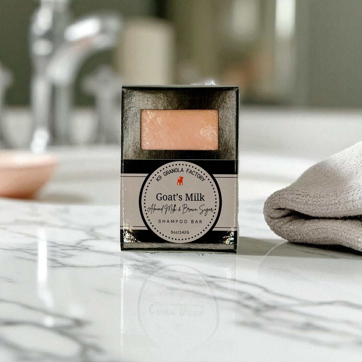 Almond Milk & Brown Sugar Goat's Milk dog shampoo bar with argan & coconut oils—hydrates, calms itch, and keeps coats healthy, glossy, and fresh.