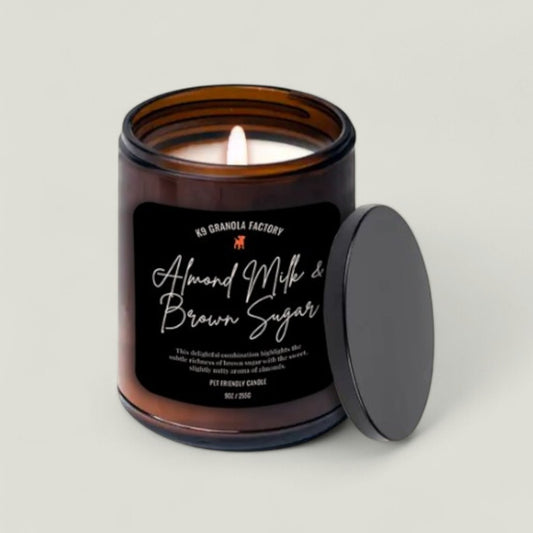 Almond Milk Brown Sugar Pet Friendly Candle - Made with 100% natural soy wax and a cotton wick, safe for pets and family. Shredded coconut and fresh blueberry scent naturally neutralizes odors. Clean burn, free from toxins, parabens, and phthalates.