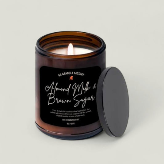 Almond Milk Brown Sugar Pet Friendly Candle - Made with 100% natural soy wax and a cotton wick, safe for pets and family. Shredded coconut and fresh blueberry scent naturally neutralizes odors. Clean burn, free from toxins, parabens, and phthalates.