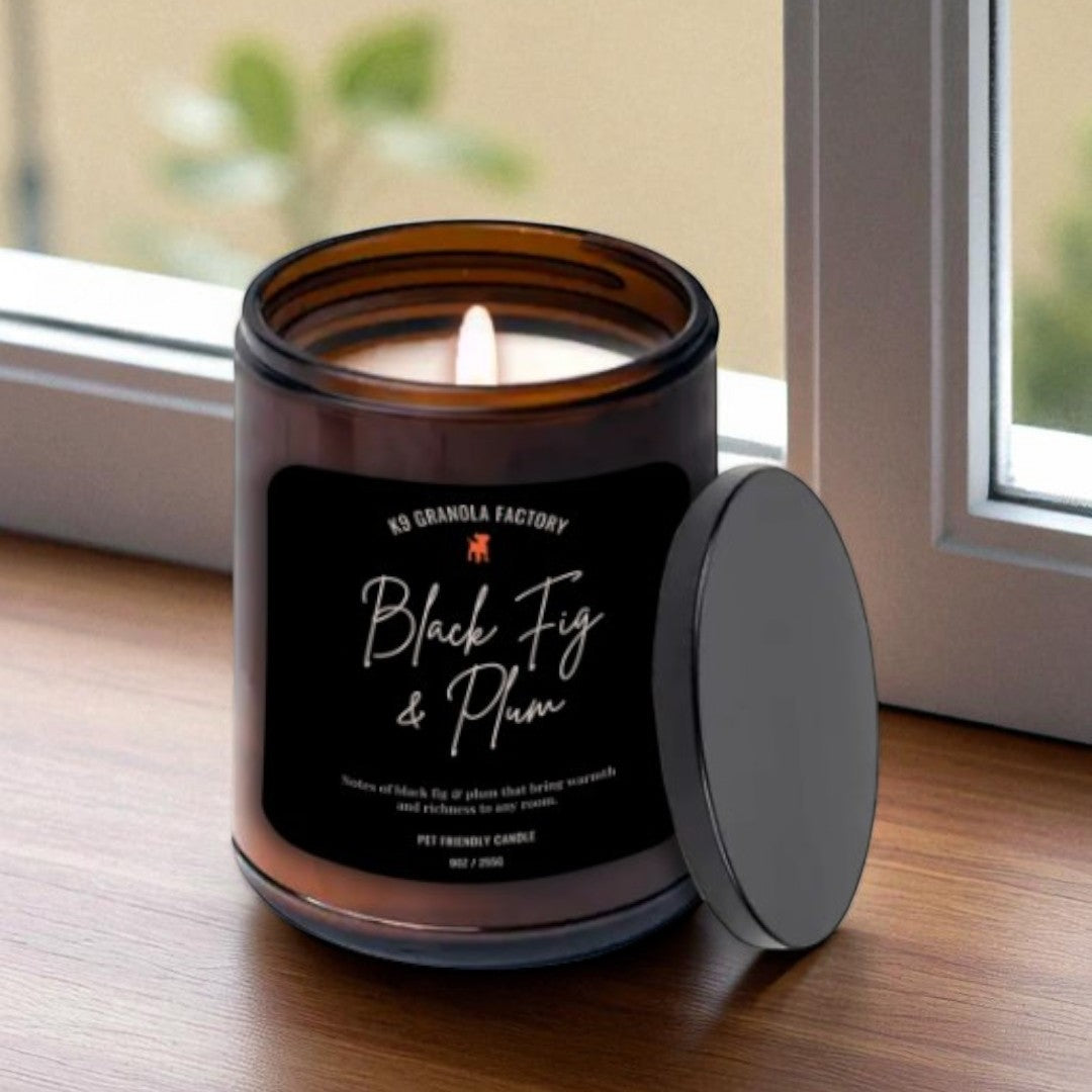 Black Fig Plum - Pet Friendly Candle made with 100% natural soy wax and a cotton wick, safe for pets and family. Shredded coconut and fresh blueberry scent naturally neutralizes odors. Clean burn, free from toxins, parabens, and phthalates.
