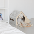 Load image into Gallery viewer, Elegant pet house crafted from plywood in a light tone and designed with steel, combining modern minimalism with comfort for dog and cats.
