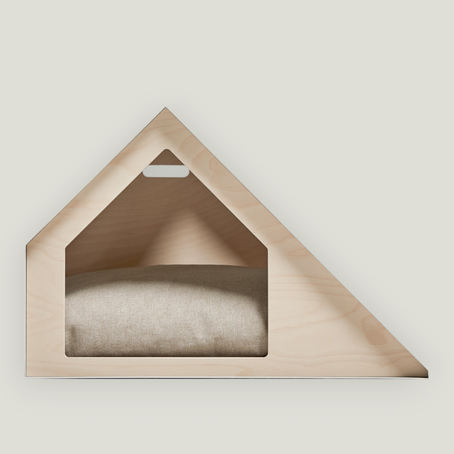 Elegant pet house crafted from plywood in a light tone and designed with steel, combining modern minimalism with comfort for dog and cats.