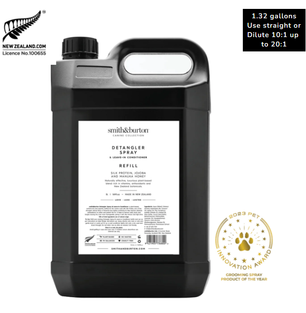 Black bottle of Smith & Burton Detangler Spray Refill with label and branding on a white background