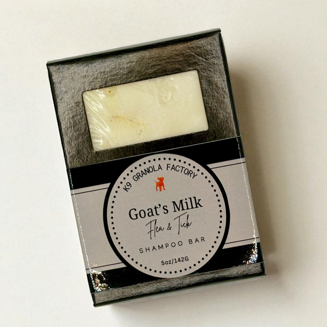 Goat’s milk bath bar with natural flea & tick defense. Moisturizes, soothes, and leaves your dog’s coat soft, shiny, and fresh — spa‑quality care at home.