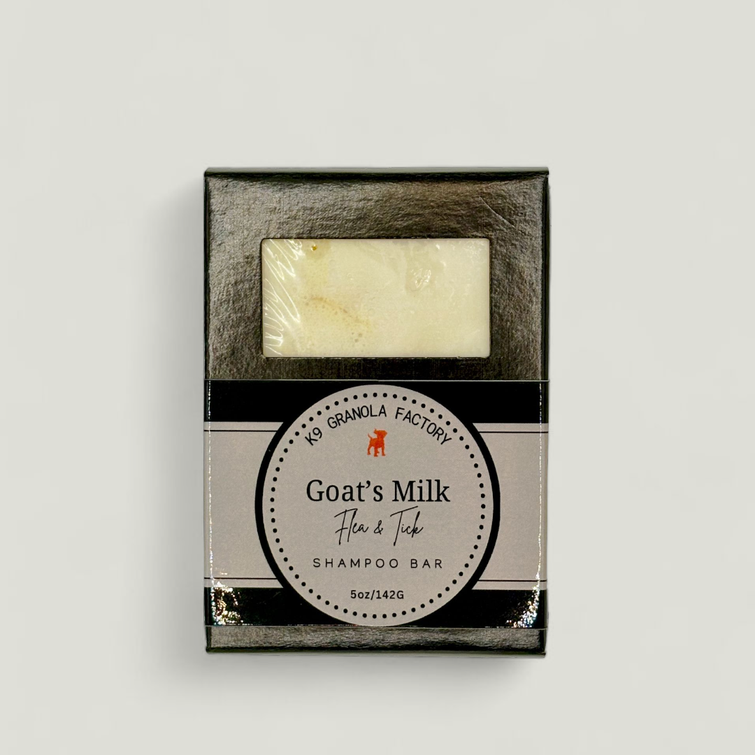 Goat’s milk bath bar with natural flea & tick defense. Moisturizes, soothes, and leaves your dog’s coat soft, shiny, and fresh — spa‑quality care at home.