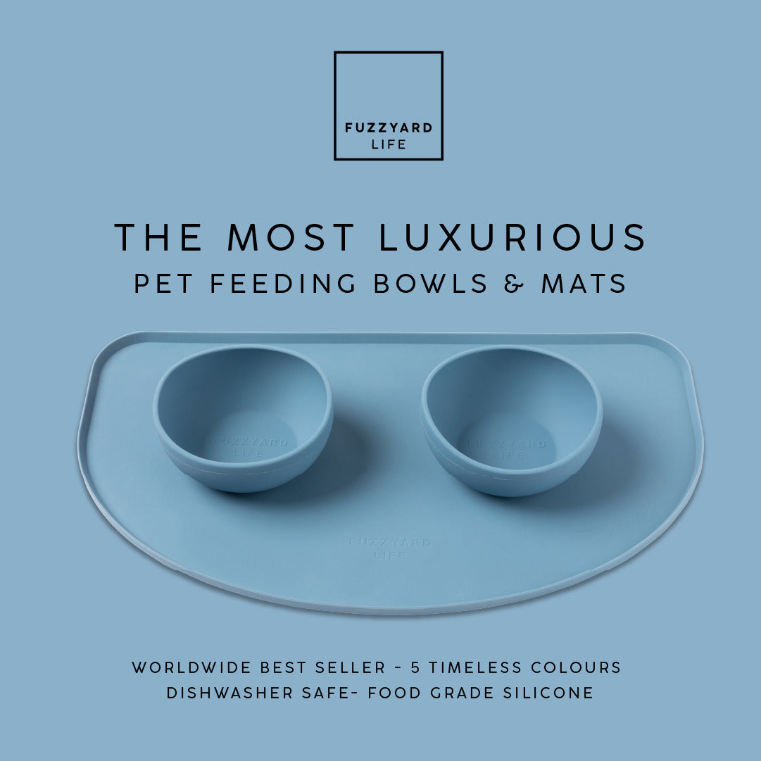 FuzzYard Life silicone pet feeding mat, food‑grade, dishwasher‑safe, spill‑resistant design, available in five colors for stylish and practical pet mealtime.