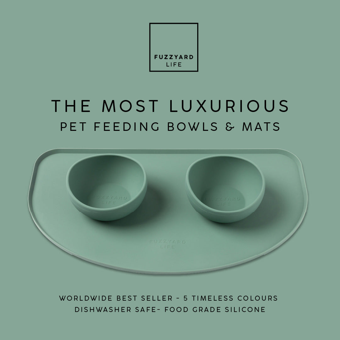 FuzzYard Life silicone pet feeding mat, food‑grade, dishwasher‑safe, spill‑resistant design, available in five colors for stylish and practical pet mealtime.