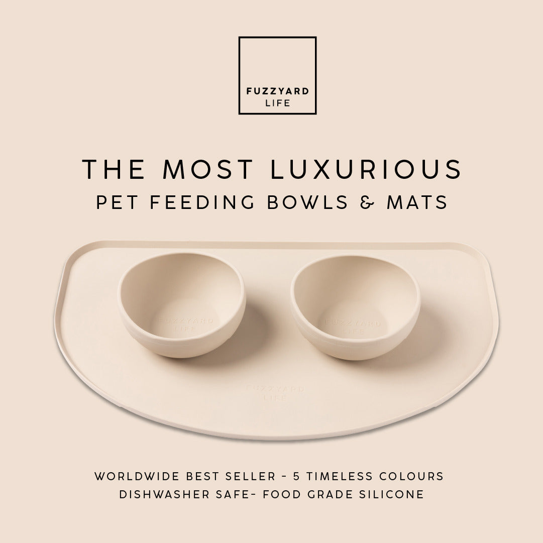 FuzzYard Life silicone pet feeding mat, food‑grade, dishwasher‑safe, spill‑resistant design, available in five colors for stylish and practical pet mealtime.