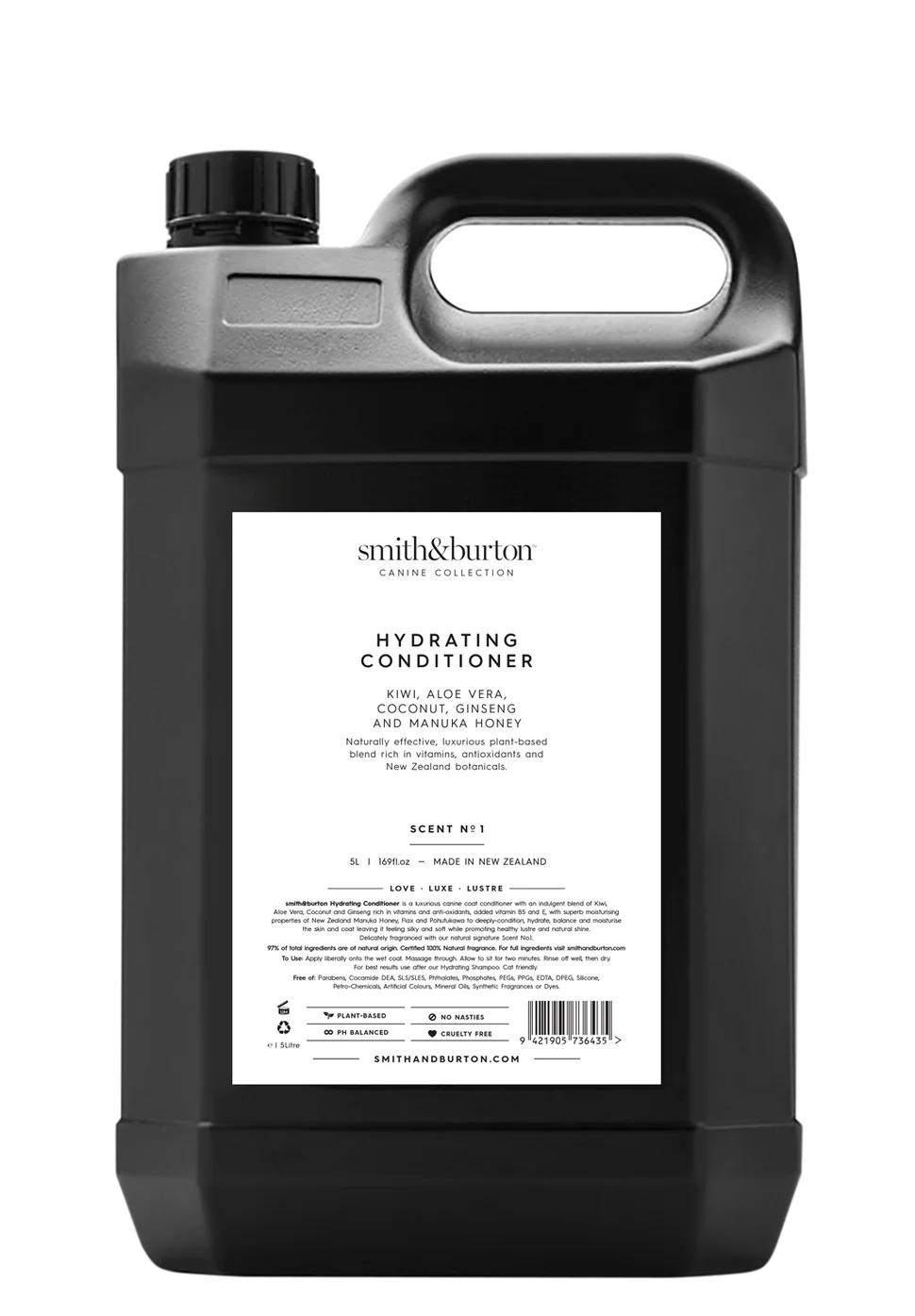 Black container of Smith & Burton hydrating conditioner on a white background