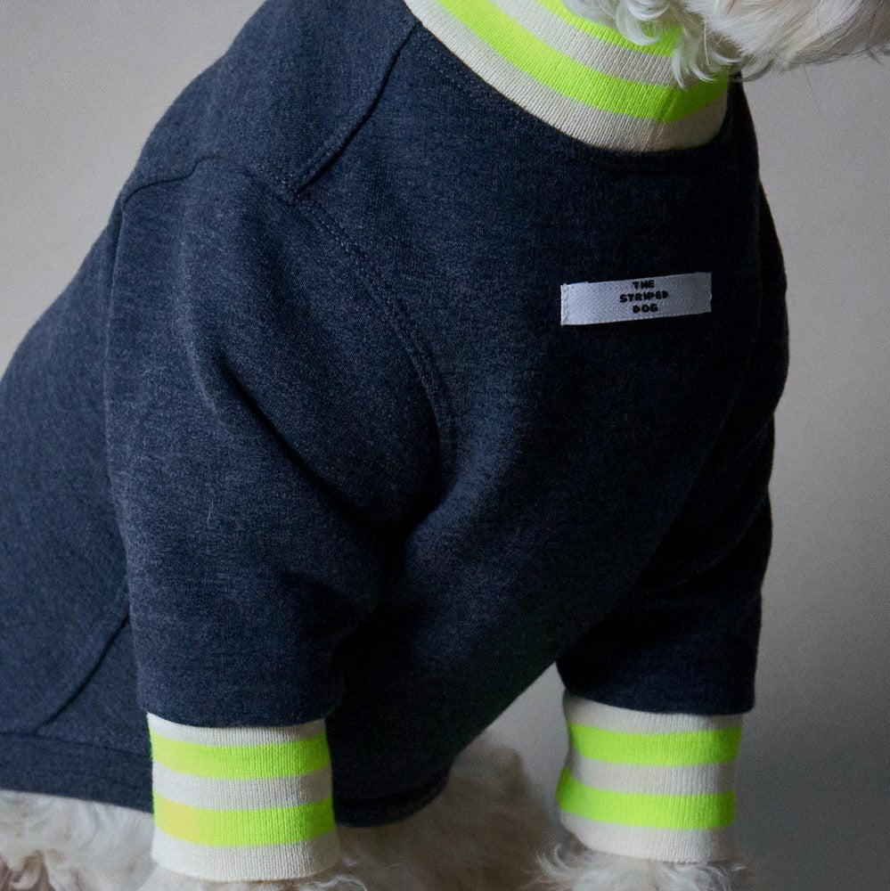 Basic blue heather fleece sweater with ribbed details in beige and neon green stripes on the neckline and cuffs.