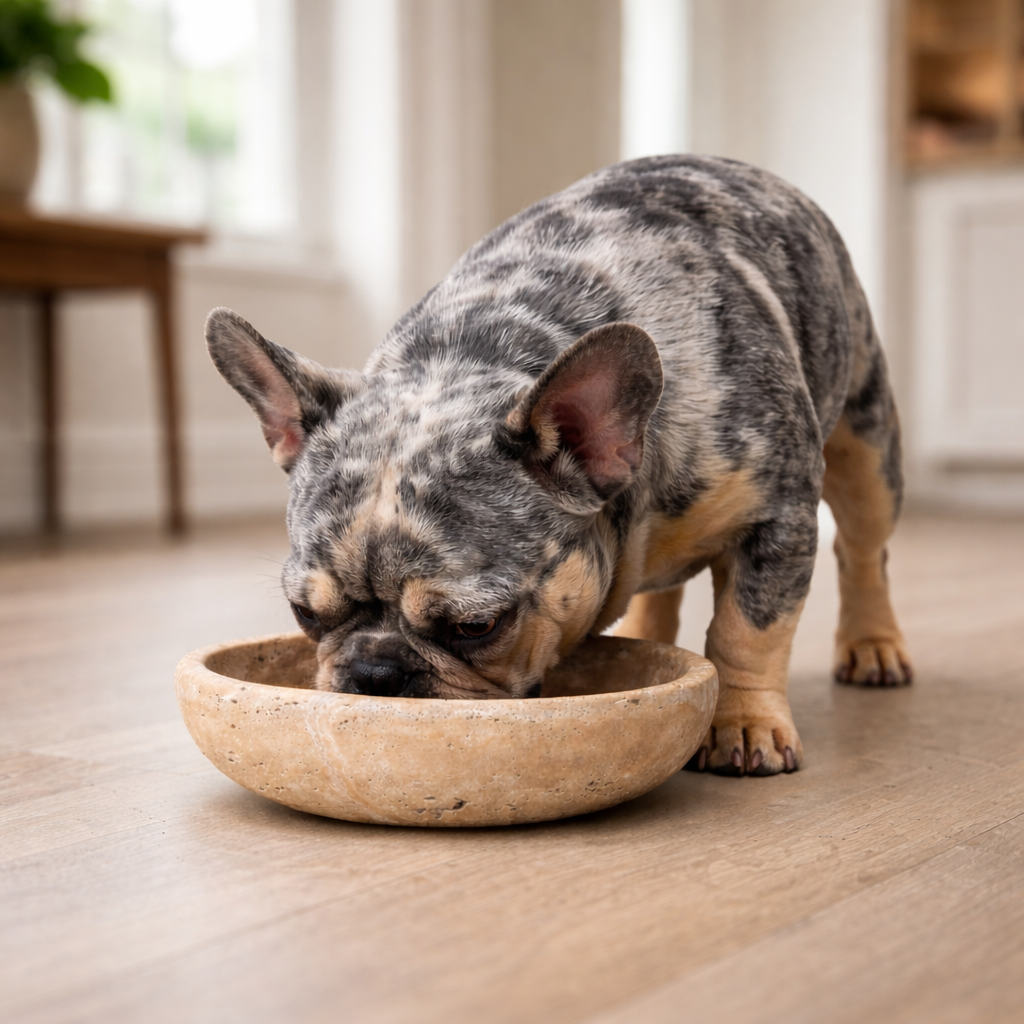 Dog eating from a stone bowl on a wooden floor