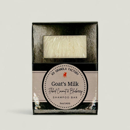 Gentle goat’s milk shampoo bar, infused with nourishing argan and coconut oils. The tropical‑sweet blend of flaked coconut and juicy blueberry cleanses, soothes dry skin, and leaves coats soft, shiny, and refreshingly scented