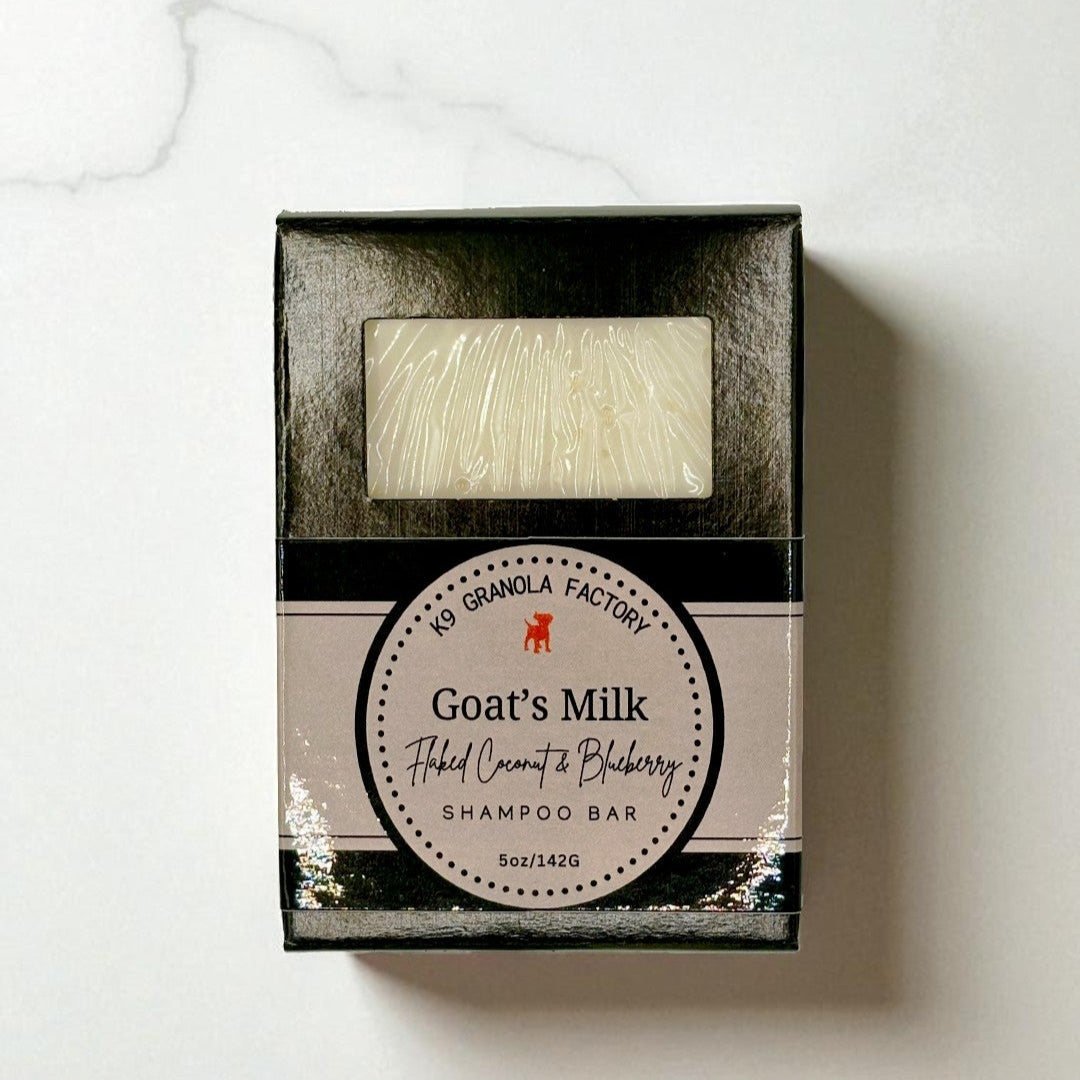 Gentle goat’s milk shampoo bar, infused with nourishing argan and coconut oils. The tropical‑sweet blend of flaked coconut and juicy blueberry cleanses, soothes dry skin, and leaves coats soft, shiny, and refreshingly scented.