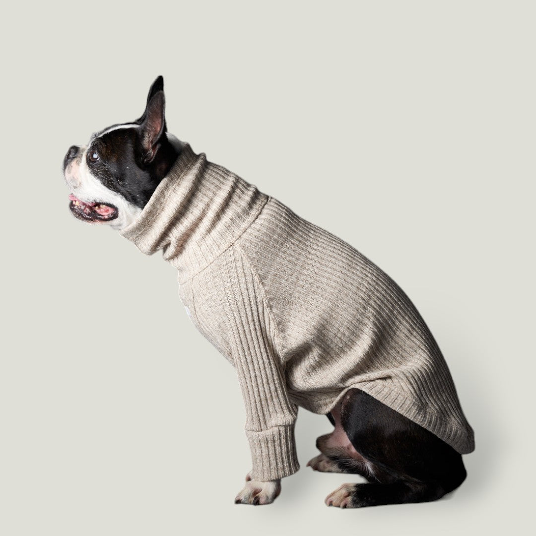 Stylish turtleneck sweater made with a sand knit stretch fabric. Perfect for any weather, and occasion with a turtleneck and long-sleeved.