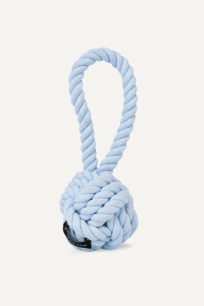 Blue rope dog toy with a knot on a white background