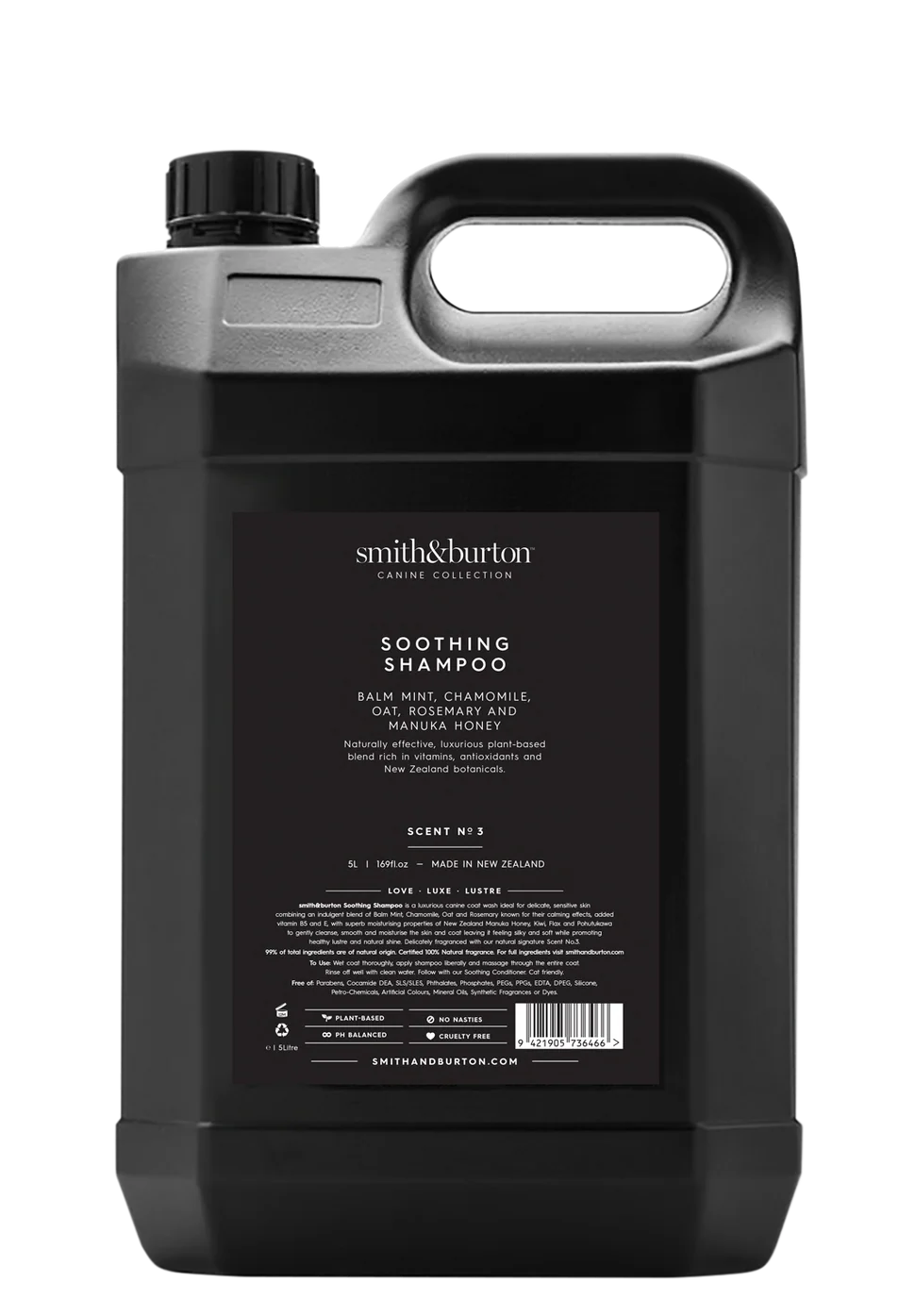 Black shampoo bottle with 'smith & burton' branding on a white background