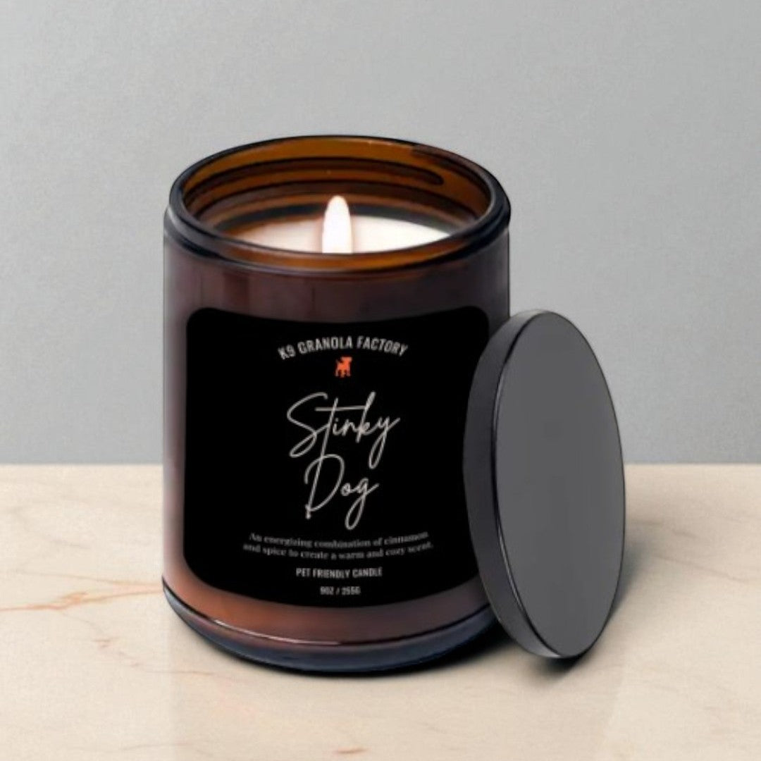 Stinky Dog – Pet Friendly Candle made with 100% natural soy wax and a cotton wick, safe for pets and family. Shredded coconut and fresh blueberry scent naturally neutralizes odors. Clean burn, free from toxins, parabens, and phthalates.