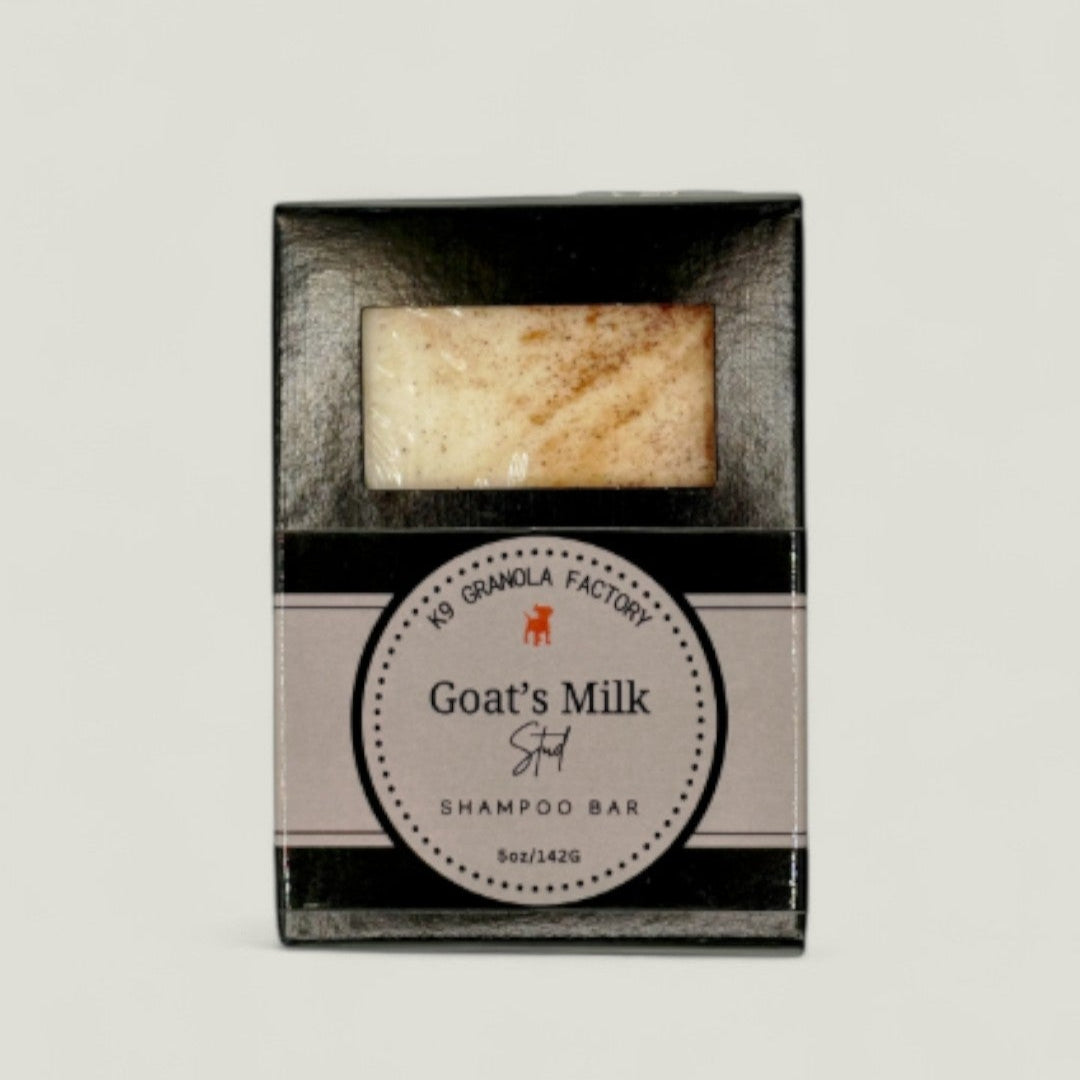 Stud Goat’s Milk Dog Shampoo Bar — With argan & coconut oils to hydrate and soften skin, soothe dryness, help prevent dandruff, and support a thick, healthy, glossy coat. The bold, clean scent leaves your dog smelling fresh and confident after every bath.