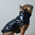 Load image into Gallery viewer, Adjustable waterproof jacket with knit turtleneck and fleece lining. The fleece on the inside keeps your dog warm and comfortable and the knit turtleneck makes the outfit super chic. It is fitted with adjustable velcro straps on the back, black fleece lining for comfort and camel knit turtleneck.
