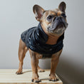 Load image into Gallery viewer, Adjustable waterproof jacket with knit turtleneck and fleece lining. The fleece on the inside keeps your dog warm and comfortable and the knit turtleneck makes the outfit super chic. It is fitted with adjustable velcro straps on the back, black fleece lining for comfort and camel knit turtleneck.
