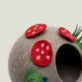 Load image into Gallery viewer, Nala's Pet Furniture Boutique handcrafted felted wool cat cave with red mushroom cap details and green accents
