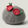 Load image into Gallery viewer, Nala's Pet Furniture Boutique handcrafted grey felted wool cat cave with decorative red strawberry and green leaf accents
