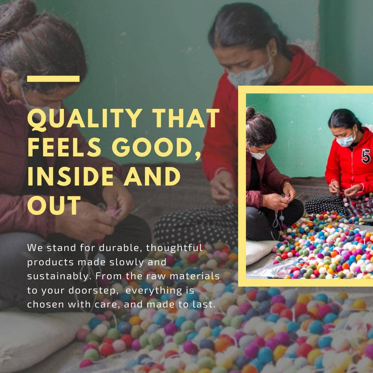 Nala's Pet Furniture Boutique artisans handcrafting colorful felt wool balls for pet beds in a workshop