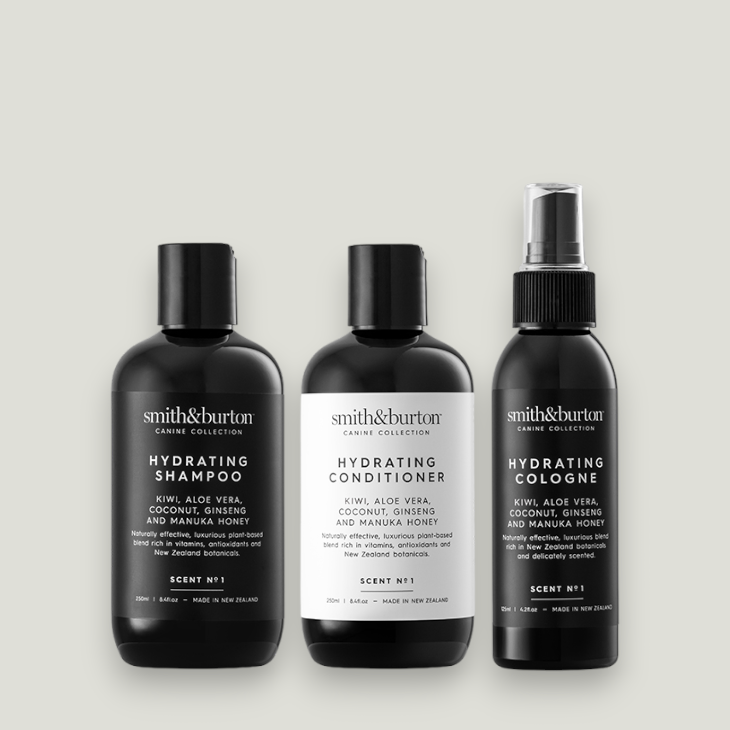 Hydrating Shampoo, Conditioner and Cologne for pets with sensitive skin made with kiwi, aloe vera, coconut, ginseng, and manuka honey. Naturally effective, luxurious plant-based blend rich in vitamins, antioxidants and New Zealand botanicals.