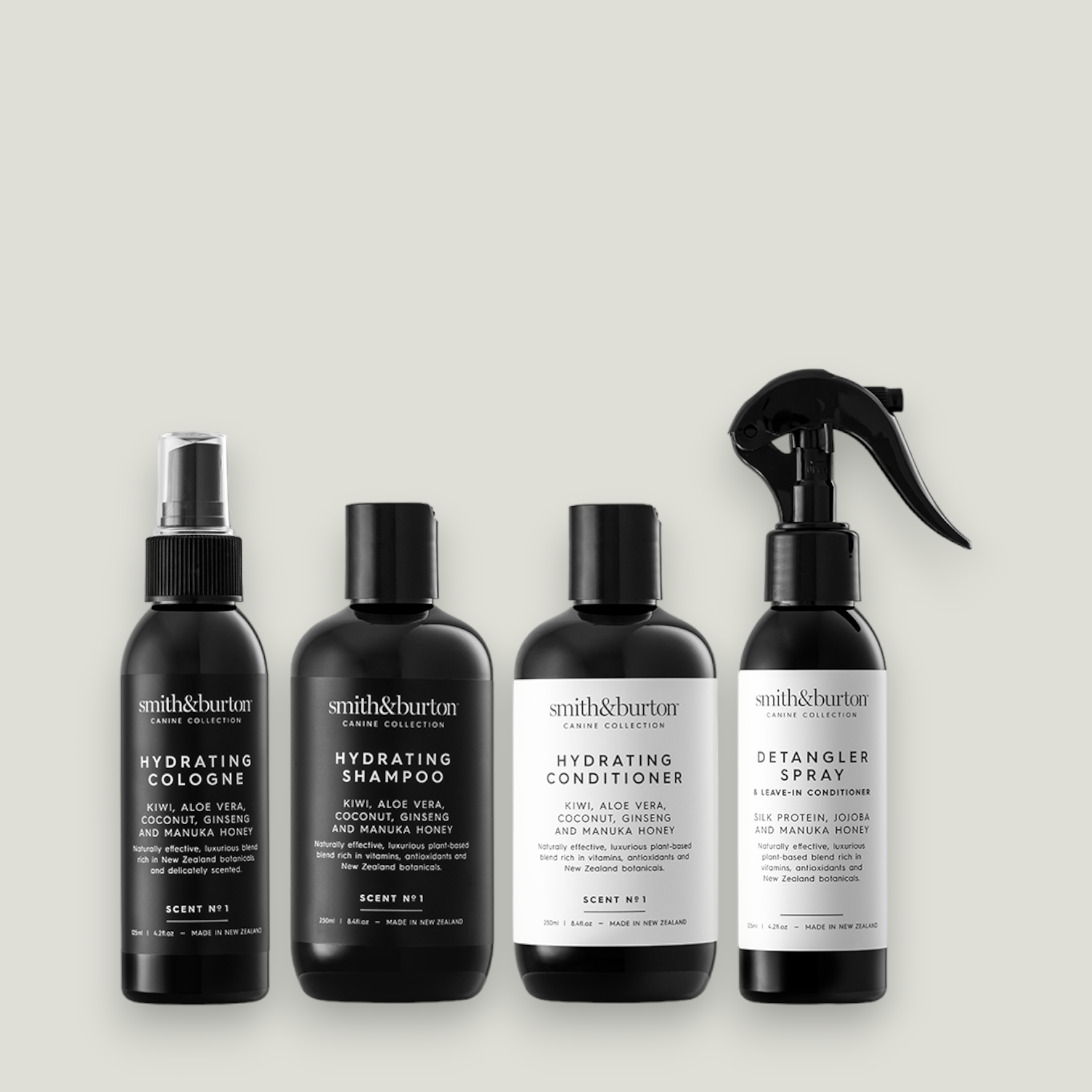 Hydrating Shampoo, Conditioner, Detangler and Cologne for pets with sensitive skin made with kiwi, aloe vera, coconut, ginseng, and manuka honey. Naturally effective, luxurious plant-based blend rich in vitamins, antioxidants and New Zealand botanicals.