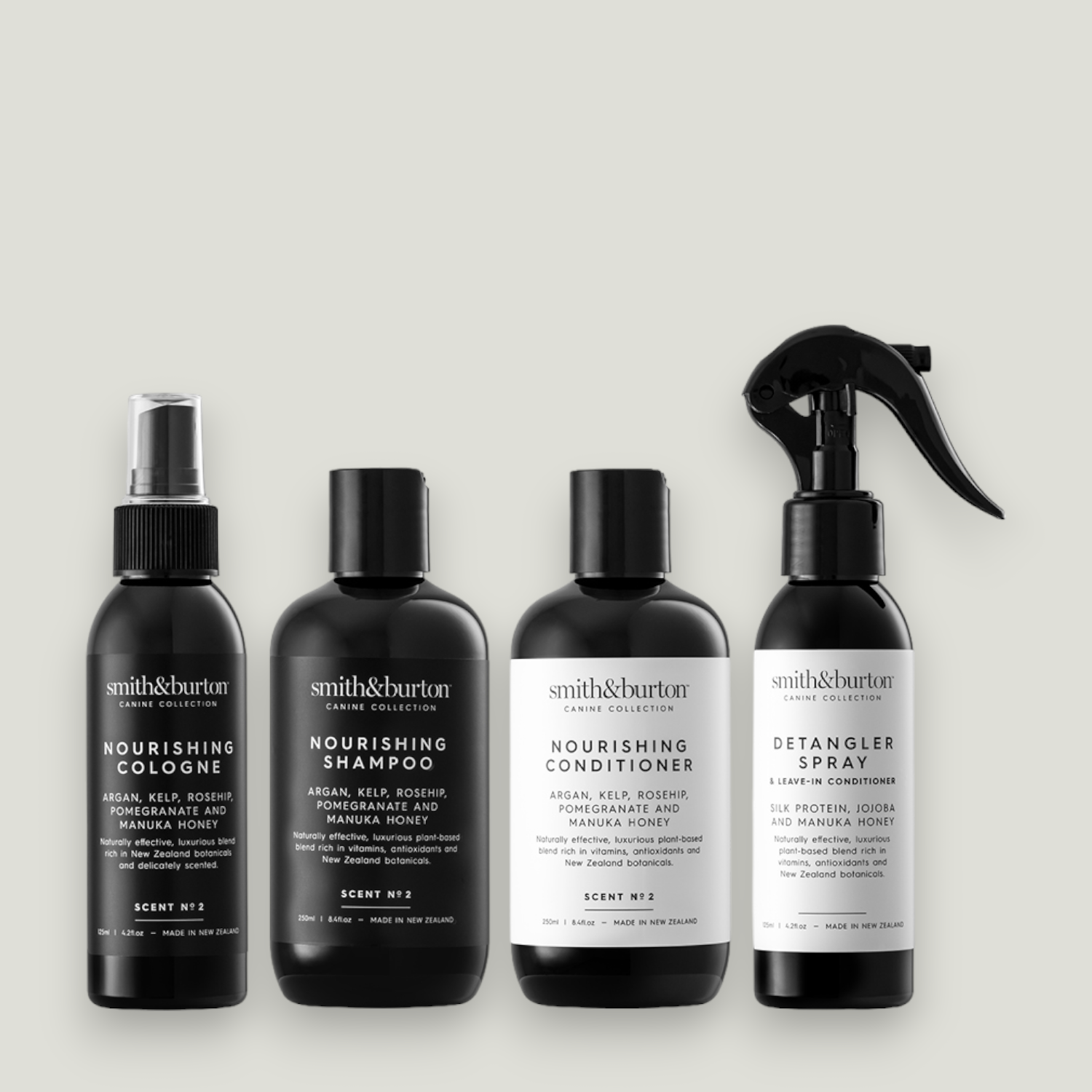 Nourishing Conditioner, Shampoo, Detangler and Cologne for pets with sensitive skin. Made with argan, kelp, rosehip, pomegranate and manuka honey. Naturally effective, luxurious plant-based blend rich in vitamins, antioxidants and New Zealand botanicals.