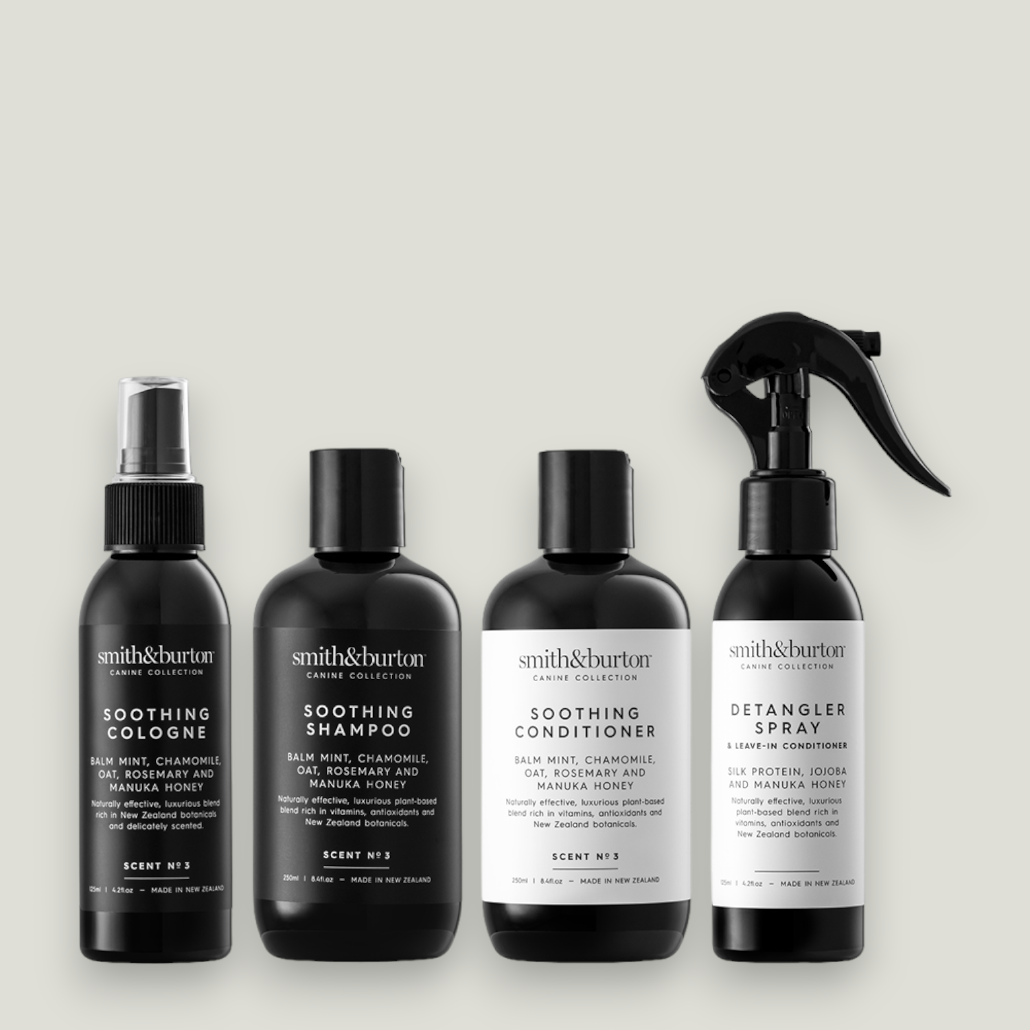 Soothing Shampoo, Conditioner, Detangler and Cologne for pets with sensitive skin made with balm mint, chamomile, oat, rosemary and manuka honey. Naturally effective, luxurious plant-based bland rich in vitamins, antioxidants and New Zealand botanicals.